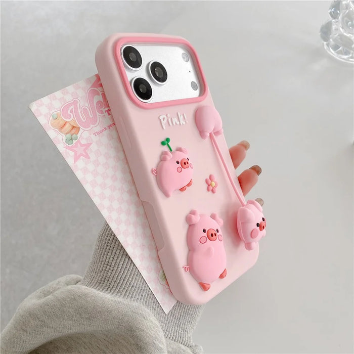 For iPhone 18 Pro Max / 17 Pro Max Silicone Case Cute 3D Cartoon Pig Pendant Shockproof Phone Back Cover - Pink - 4