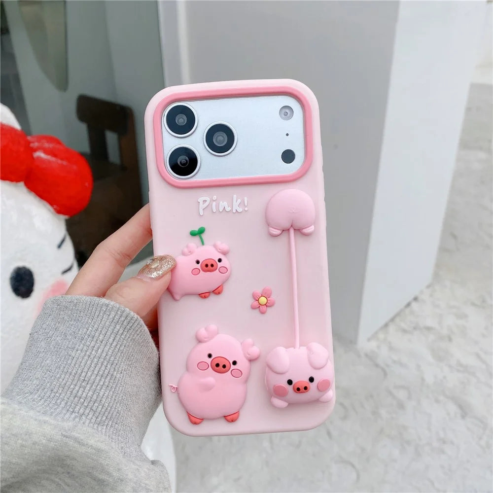 For iPhone 18 Pro / 17 Pro Silicone Case Cute 3D Cartoon Pig Pendant Shockproof Phone Back Cover - Pink - 2