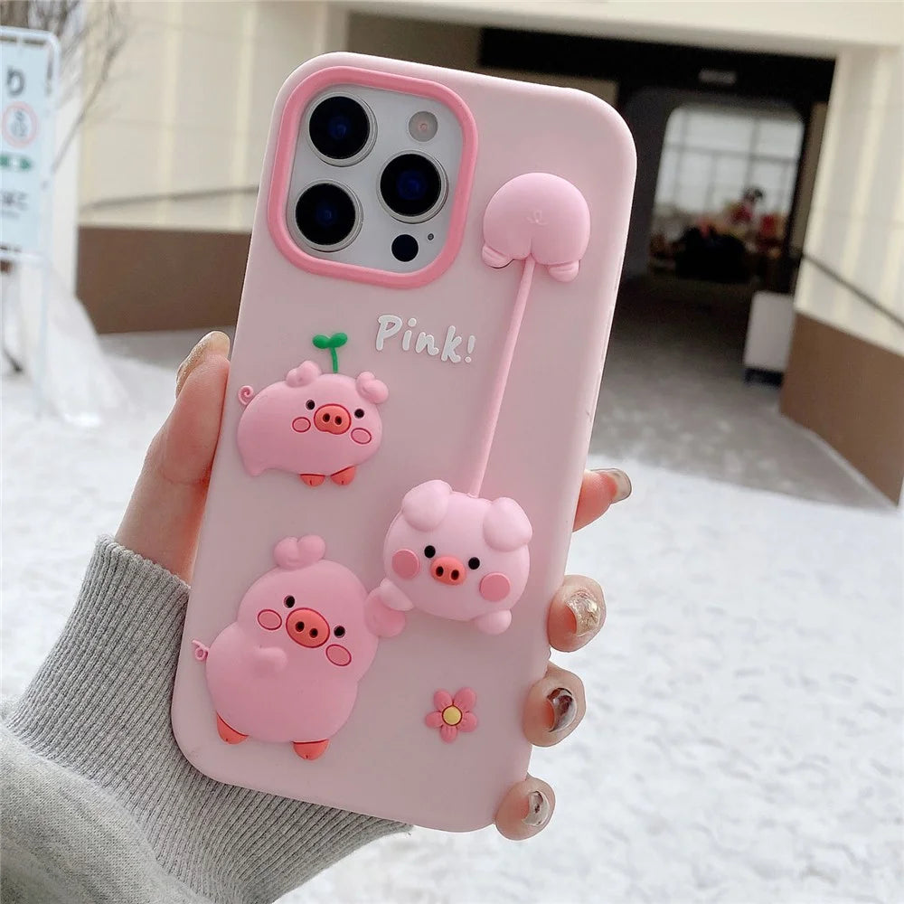 For iPhone 16 Pro Max Silicone Case Cute 3D Cartoon Pig Pendant Shockproof Phone Back Cover - Pink - 1