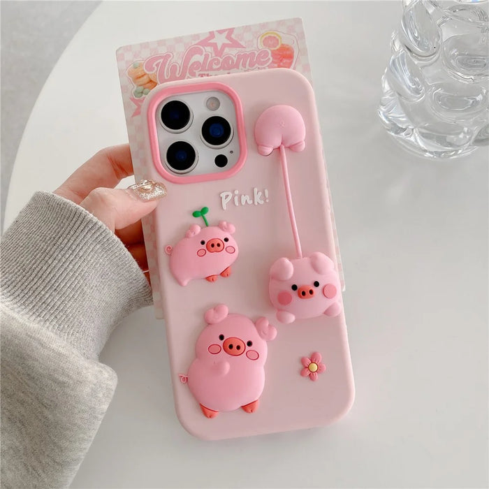 For iPhone 16 Pro Max Silicone Case Cute 3D Cartoon Pig Pendant Shockproof Phone Back Cover - Pink - 2