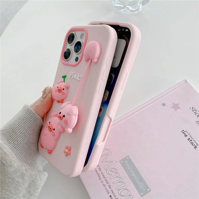 For iPhone 16 Pro Max Silicone Case Cute 3D Cartoon Pig Pendant Shockproof Phone Back Cover - Pink - 3