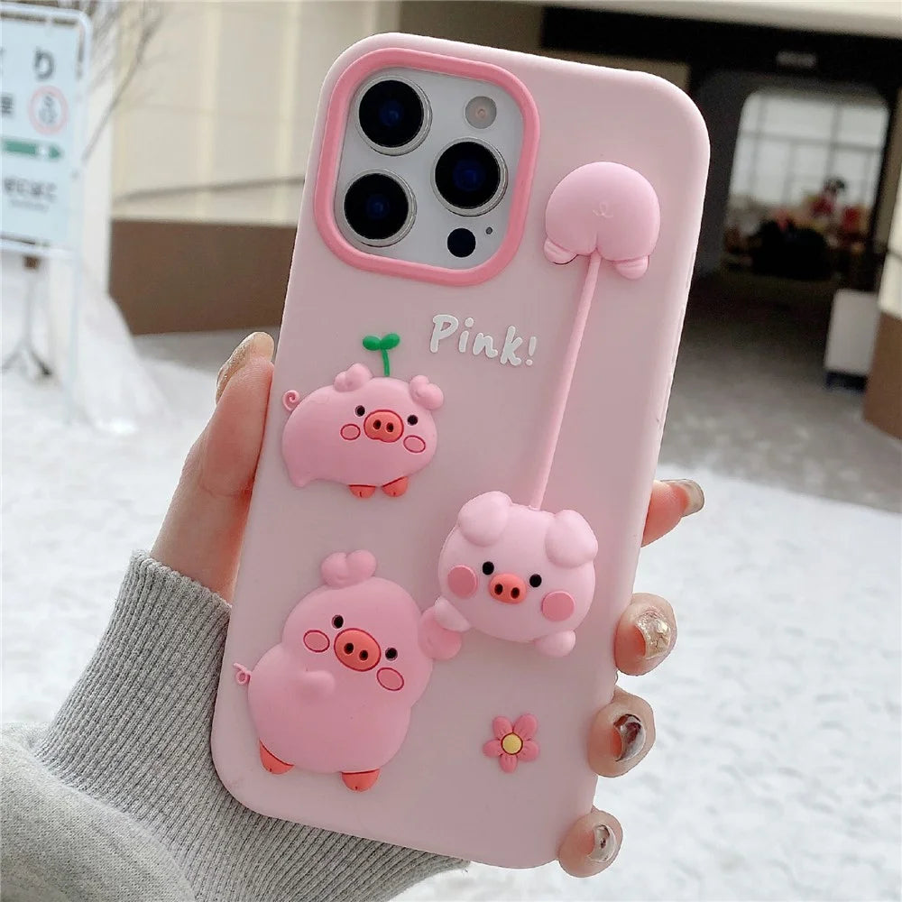 For iPhone 16 Pro Silicone Case Cute 3D Cartoon Pig Pendant Shockproof Phone Back Cover - Pink - 1