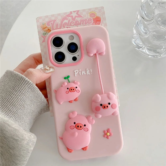 For iPhone 16 Pro Silicone Case Cute 3D Cartoon Pig Pendant Shockproof Phone Back Cover - Pink - 2