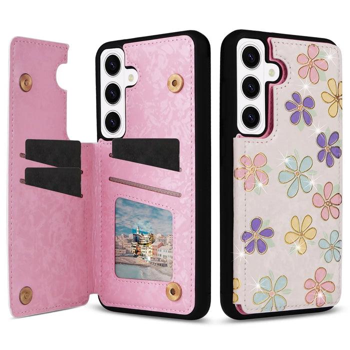 For Samsung Galaxy S26+ Case Flower Leather TPU RFID Blocking Phone Cover Card Slots - Flowers - 1