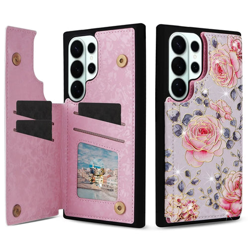 For Samsung Galaxy S26 Ultra Case Flower Leather TPU RFID Blocking Phone Cover Card Slots - Rose - 1