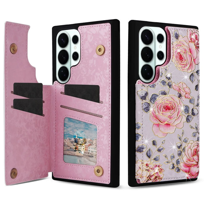 For Samsung Galaxy S26 Ultra Case Flower Leather TPU RFID Blocking Phone Cover Card Slots - Rose - 1
