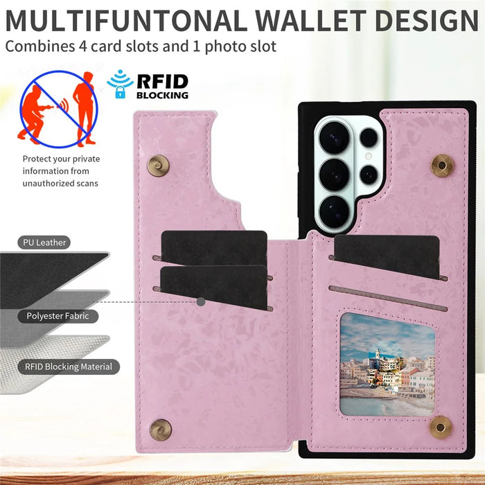 For Samsung Galaxy S26 Ultra Case Flower Leather TPU RFID Blocking Phone Cover Card Slots - Rose - 3