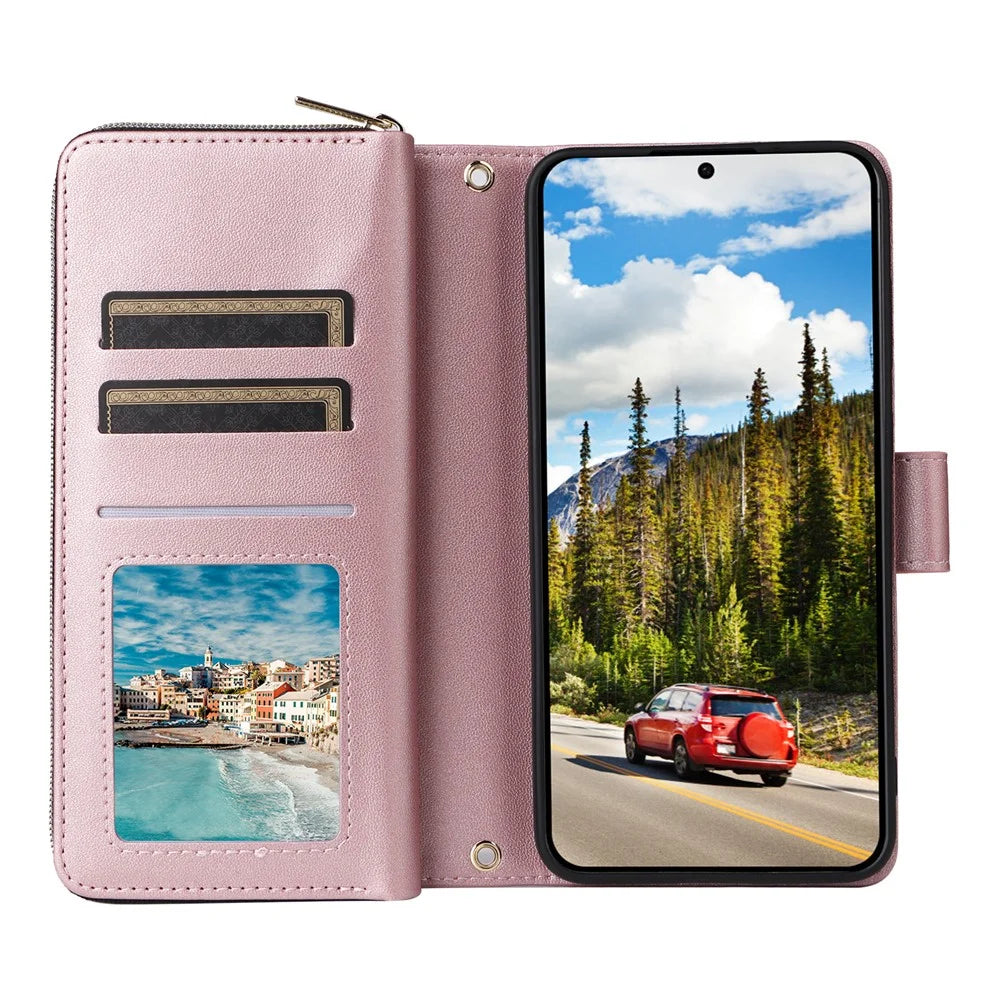 For Samsung Galaxy S26 Case 9 Card Slots Zipper Pocket PU Leather Phone Cover with Wrist Strap - Rose Gold - 2