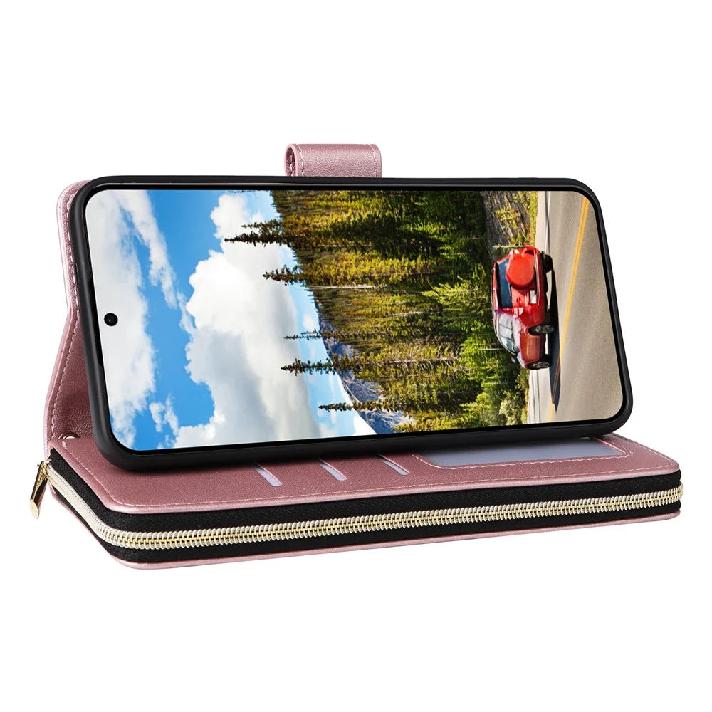 For Samsung Galaxy S26 Case 9 Card Slots Zipper Pocket PU Leather Phone Cover with Wrist Strap - Rose Gold - 4