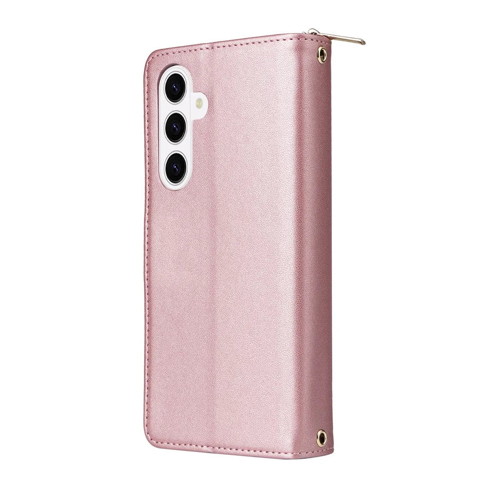 For Samsung Galaxy S26 Case 9 Card Slots Zipper Pocket PU Leather Phone Cover with Wrist Strap - Rose Gold - 6