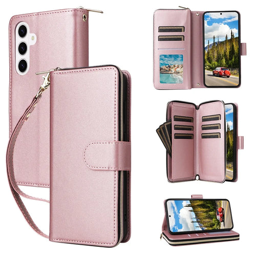 For Samsung Galaxy S26+ Case 9 Card Slots Zipper Pocket PU Leather Phone Cover with Wrist Strap - Rose Gold - 1
