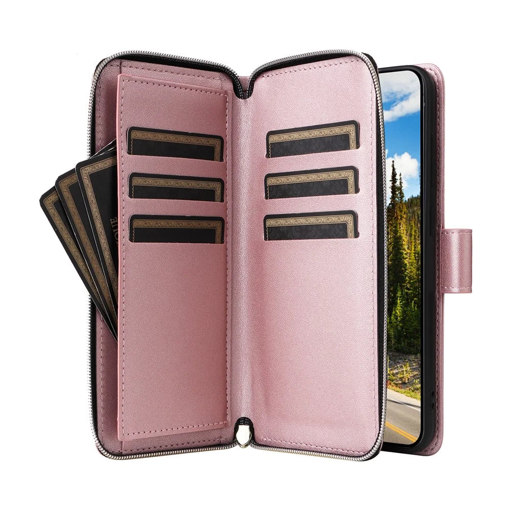 For Samsung Galaxy S26+ Case 9 Card Slots Zipper Pocket PU Leather Phone Cover with Wrist Strap - Rose Gold - 3