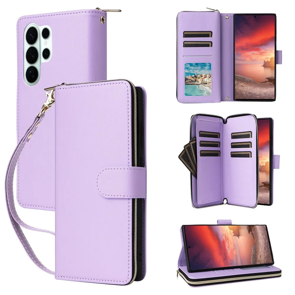 For Samsung Galaxy S26 Ultra Case 9 Card Slots Zipper Pocket PU Leather Phone Cover with Wrist Strap - Light Purple - 1