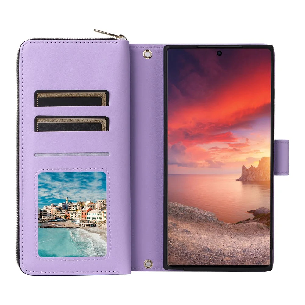 For Samsung Galaxy S26 Ultra Case 9 Card Slots Zipper Pocket PU Leather Phone Cover with Wrist Strap - Light Purple - 2