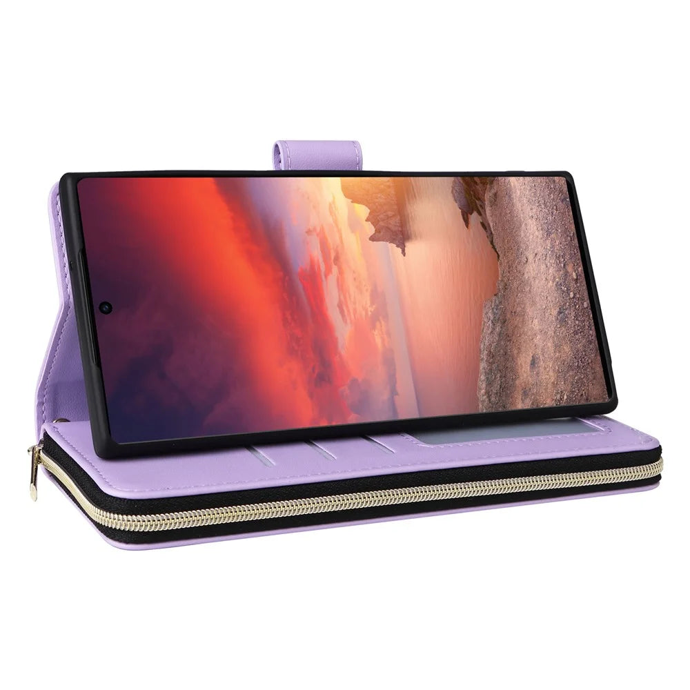 For Samsung Galaxy S26 Ultra Case 9 Card Slots Zipper Pocket PU Leather Phone Cover with Wrist Strap - Light Purple - 4