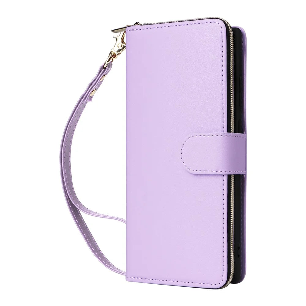 For Samsung Galaxy S26 Ultra Case 9 Card Slots Zipper Pocket PU Leather Phone Cover with Wrist Strap - Light Purple - 5