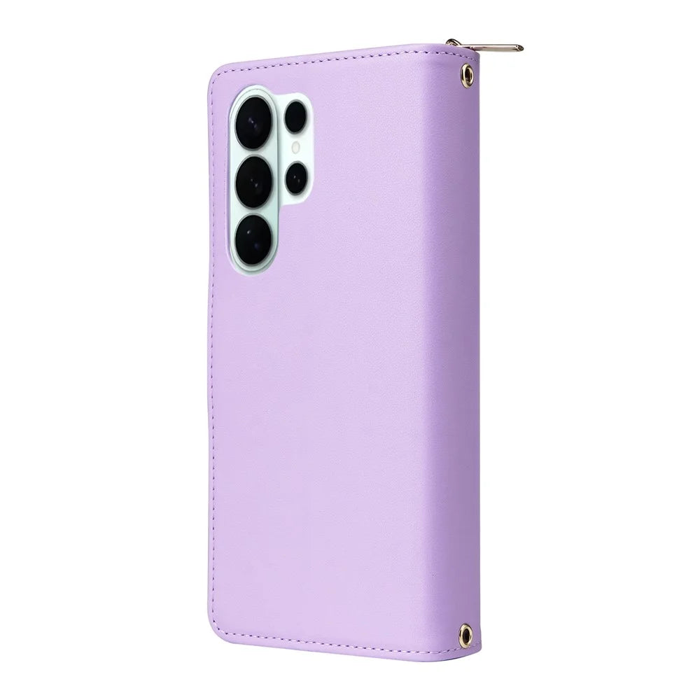 For Samsung Galaxy S26 Ultra Case 9 Card Slots Zipper Pocket PU Leather Phone Cover with Wrist Strap - Light Purple - 6