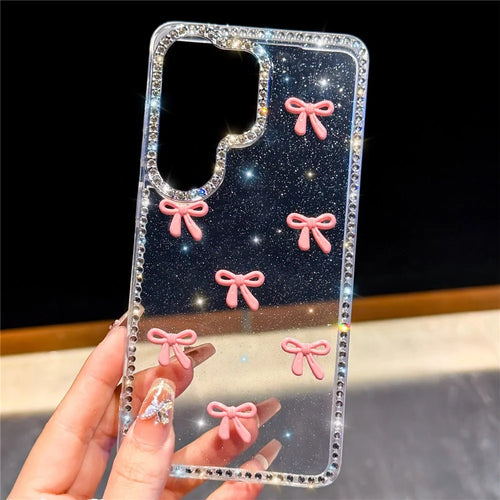 For Samsung Galaxy S26 Ultra Case Rhinestone Edge Colorful Butterfly Bow Decor TPU + PC IMD Phone Back Cover - Glitter Transparent - 1