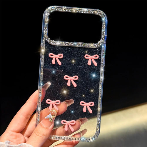 For iPhone 18 Pro Max / 17 Pro Max Case Rhinestone Edge Colorful Butterfly Bow Decor TPU + PC IMD Phone Back Cover - Glitter Transparent - 1