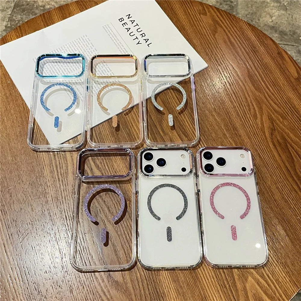 For iPhone  18 Pro / 17  Pro Magnetic Case Glitter Edge TPU + PC Clear Back Phone Cover Compatible with MagSafe - Pink - 5