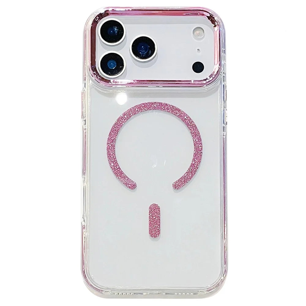 For iPhone 17 Pro Max Magnetic Case Glitter Edge TPU + PC Clear Back Phone Cover Compatible with MagSafe - Pink - 1