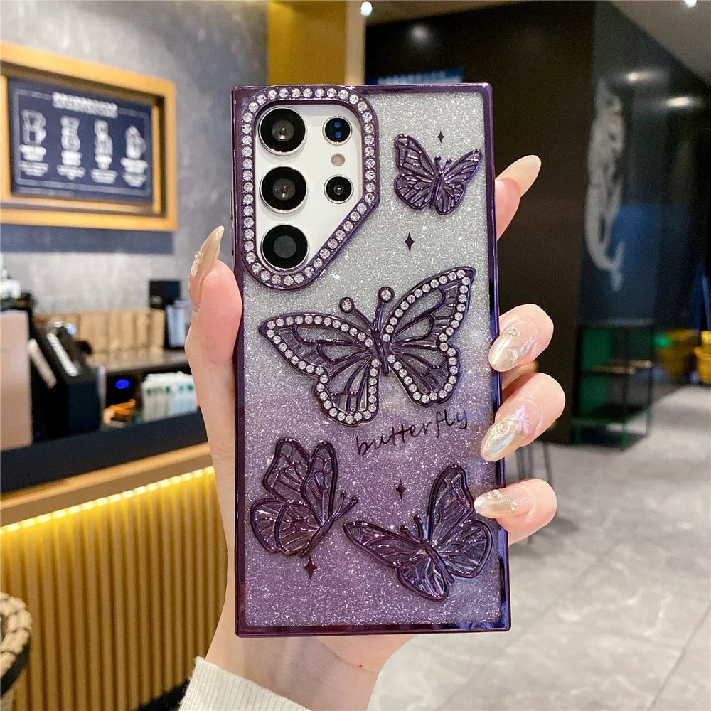 For Samsung Galaxy S26 Ultra Case Rhinestones Decor 3D Butterfly TPU Phone Cover with Glitter Paper - Purple - 2