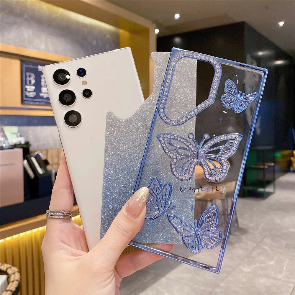 For Samsung Galaxy S26 Ultra Case Rhinestones Decor 3D Butterfly TPU Phone Cover with Glitter Paper - Purple - 3
