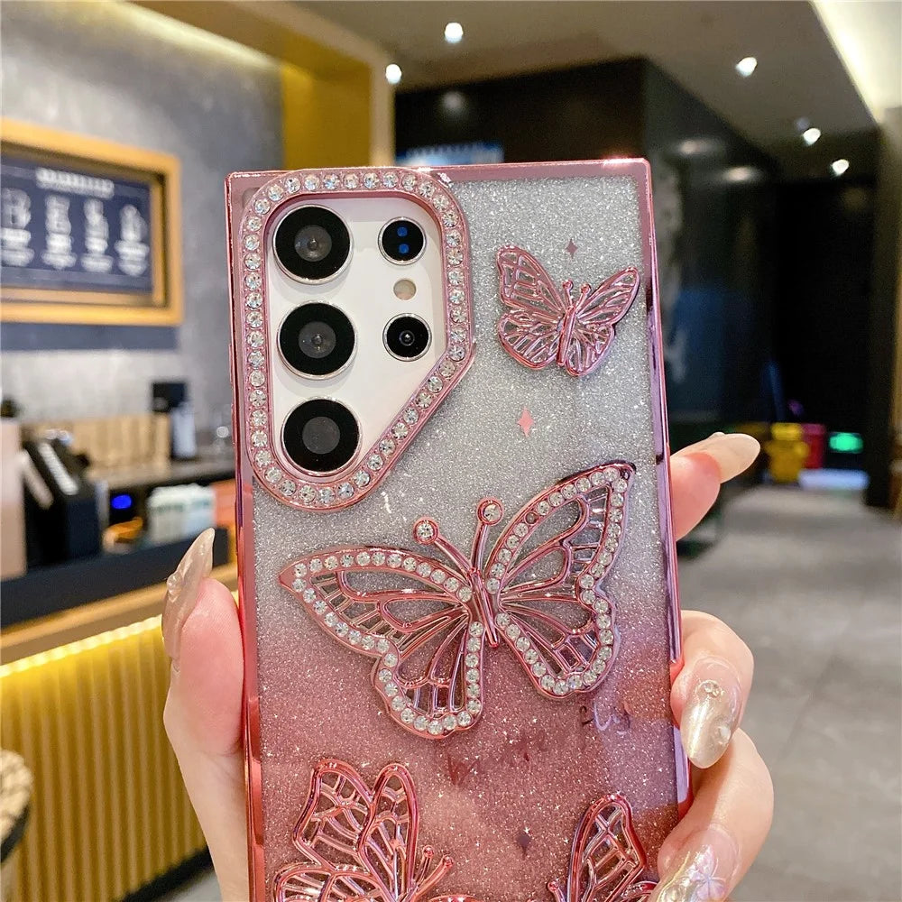 For Samsung Galaxy S26 Ultra Case Rhinestones Decor 3D Butterfly TPU Phone Cover with Glitter Paper - Purple - 5