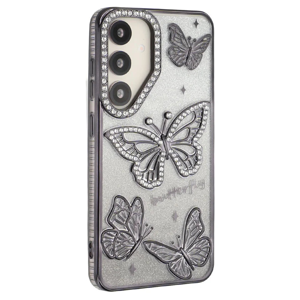 For Samsung Galaxy S26 Case Rhinestones Decor 3D Butterfly TPU Phone Cover with Glitter Paper - Black - 1