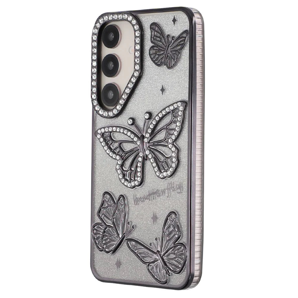 For Samsung Galaxy S26 Case Rhinestones Decor 3D Butterfly TPU Phone Cover with Glitter Paper - Black - 2