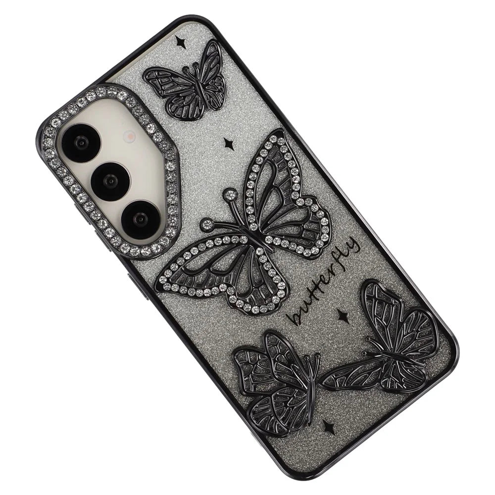 For Samsung Galaxy S26 Case Rhinestones Decor 3D Butterfly TPU Phone Cover with Glitter Paper - Black - 5