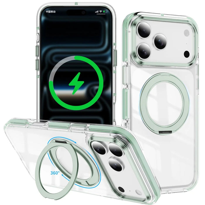 For iPhone 17 Pro Max Case Compatible with MagSafe Rotating Kickstand Shockproof TPU PC Acrylic Clear Phone Back Cover - Mint Green - 1