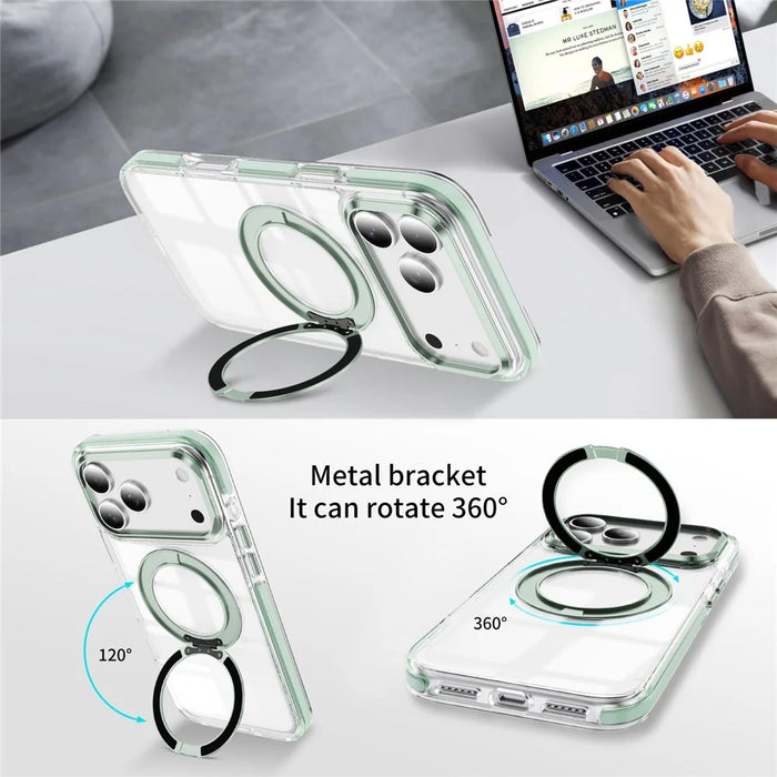 For iPhone 17 Pro Max Case Compatible with MagSafe Rotating Kickstand Shockproof TPU PC Acrylic Clear Phone Back Cover - Mint Green - 3