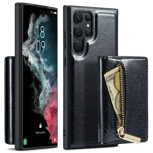DG.MING M3 Series For Samsung Galaxy S22 Ultra 5G 2-in-1 Glittery PU Leather Coated PC+TPU Back Case Magnetic Detachable Zipper Wallet Phone Cover with Kickstand - Black - 1