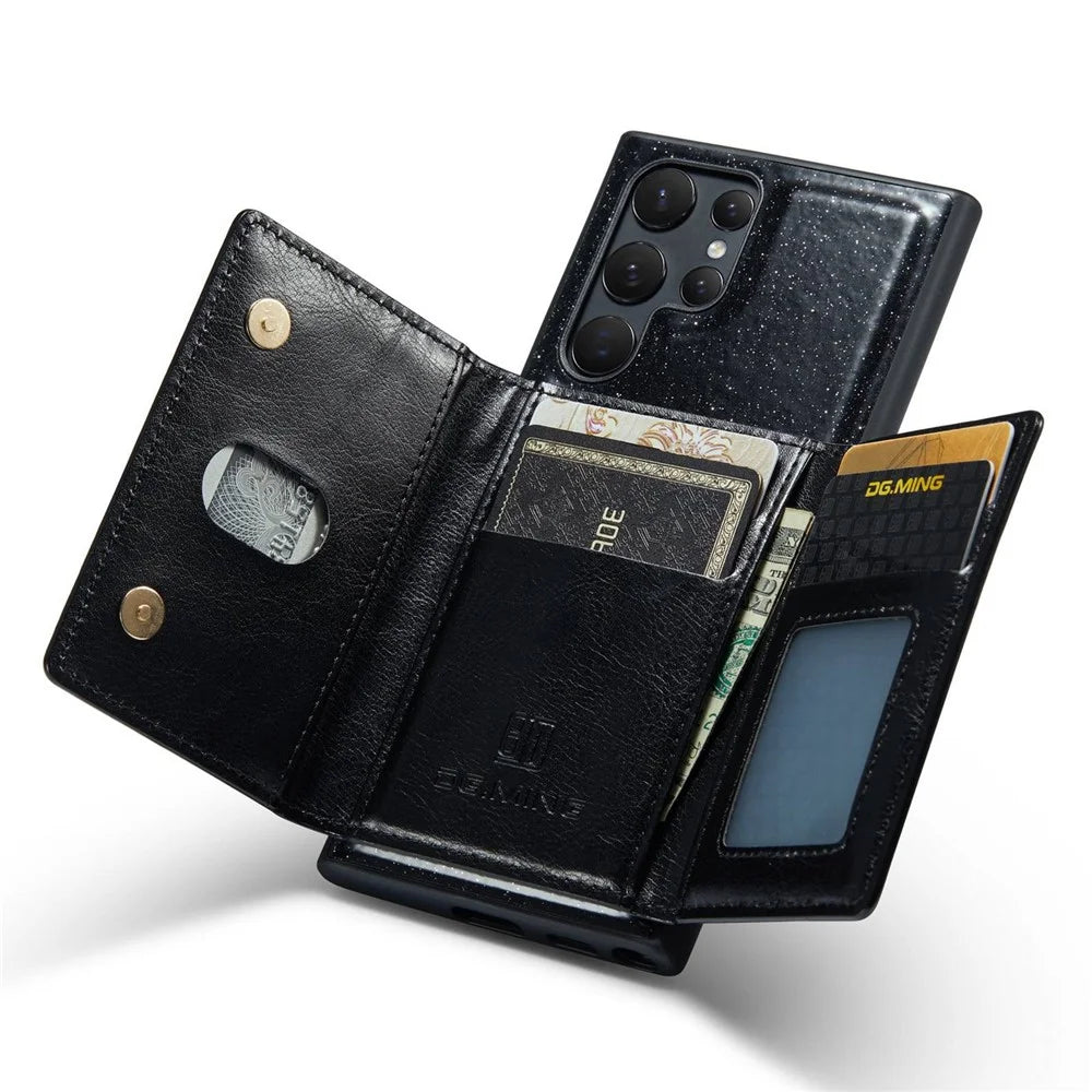DG.MING M3 Series For Samsung Galaxy S22 Ultra 5G 2-in-1 Glittery PU Leather Coated PC+TPU Back Case Magnetic Detachable Zipper Wallet Phone Cover with Kickstand - Black - 2