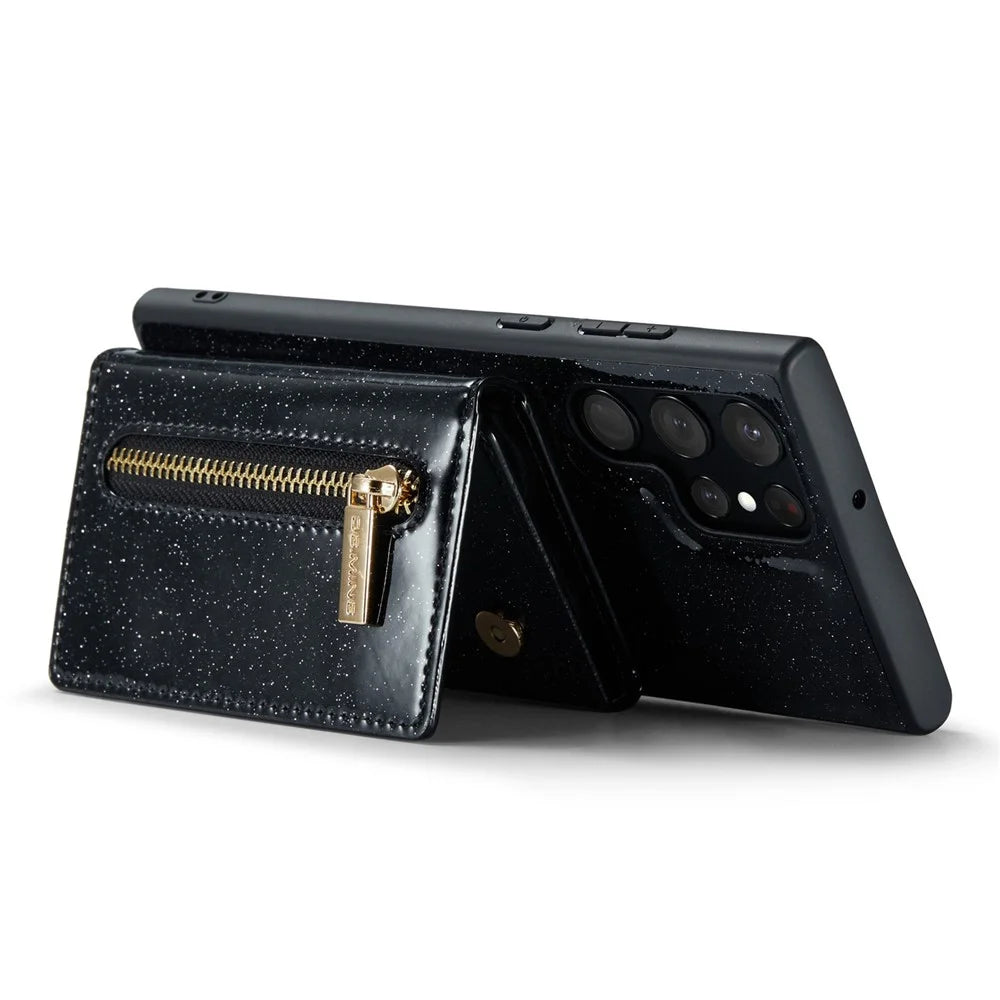 DG.MING M3 Series For Samsung Galaxy S22 Ultra 5G 2-in-1 Glittery PU Leather Coated PC+TPU Back Case Magnetic Detachable Zipper Wallet Phone Cover with Kickstand - Black - 3