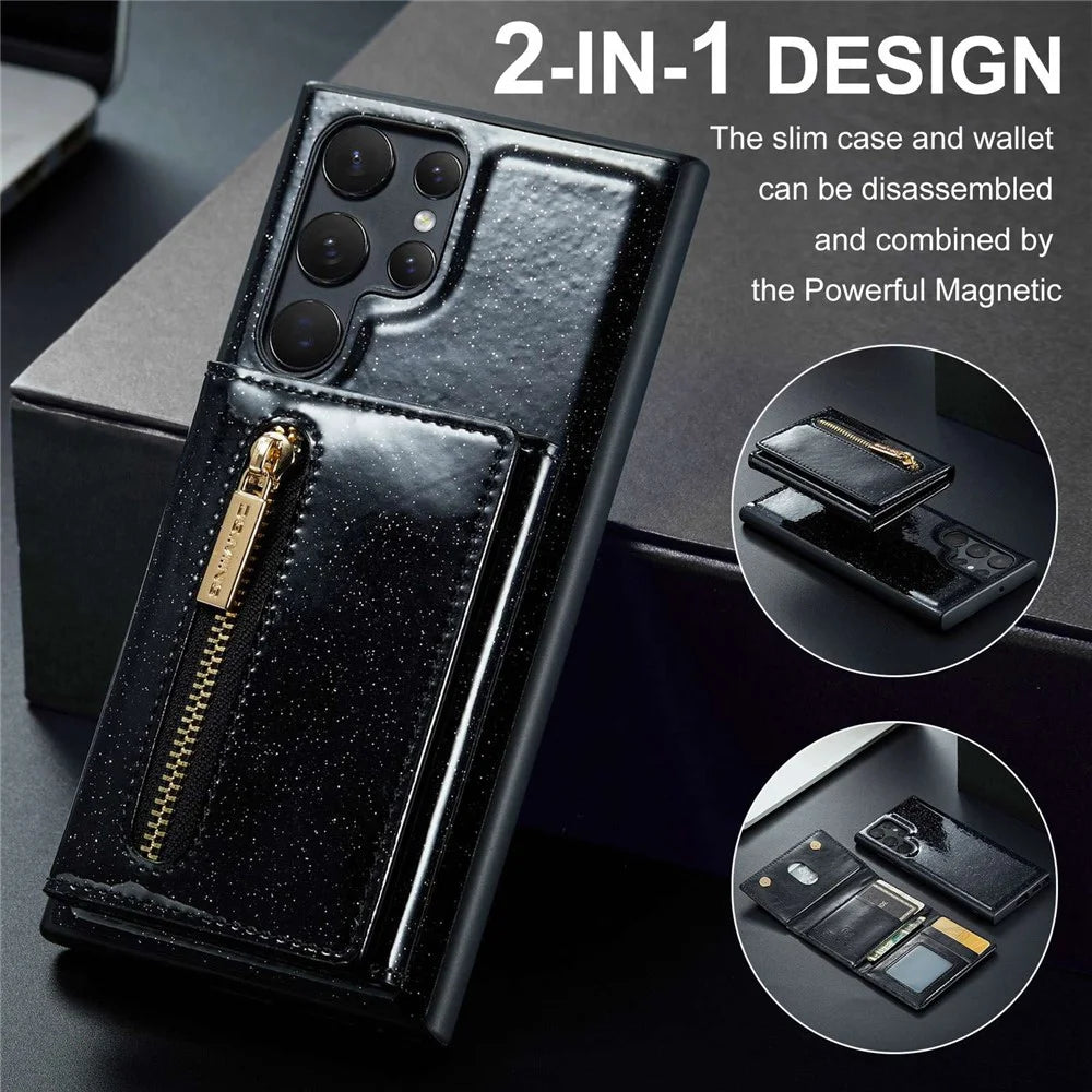 DG.MING M3 Series For Samsung Galaxy S22 Ultra 5G 2-in-1 Glittery PU Leather Coated PC+TPU Back Case Magnetic Detachable Zipper Wallet Phone Cover with Kickstand - Black - 5