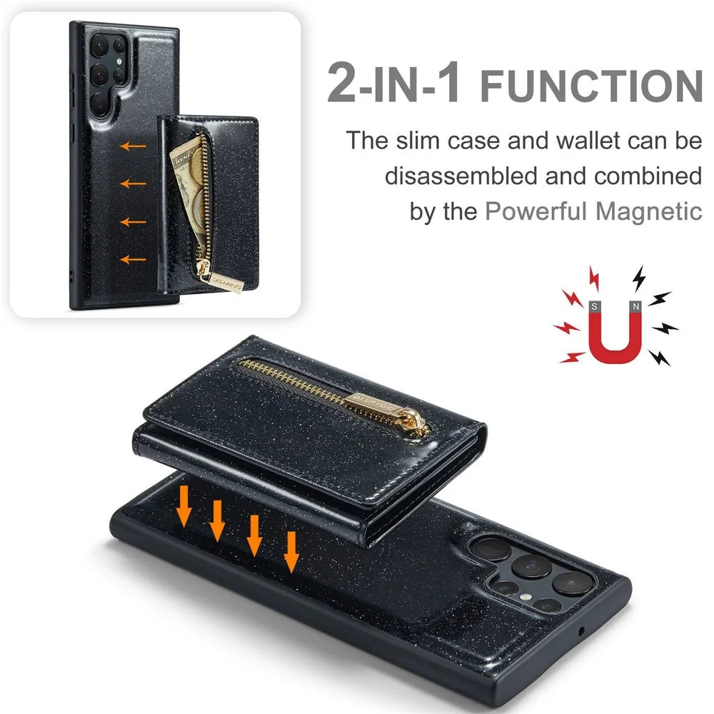 DG.MING M3 Series For Samsung Galaxy S22 Ultra 5G 2-in-1 Glittery PU Leather Coated PC+TPU Back Case Magnetic Detachable Zipper Wallet Phone Cover with Kickstand - Black - 6