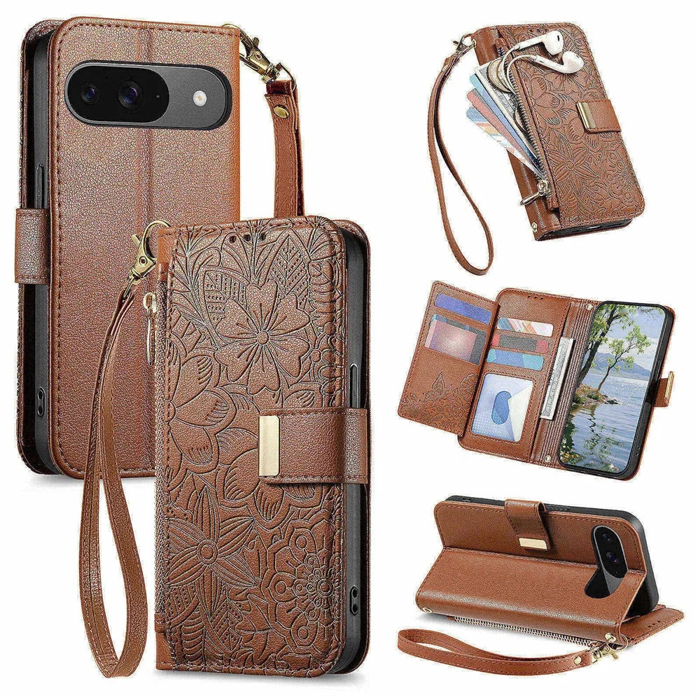 Phone Case For Google Pixel 9 Pro   /  9 Floral Leaf Pattern Multi Card Slots Zipper Leather Phone Cover with Wrist Strap - Brown - 1