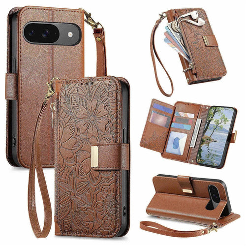 Phone Case For Google Pixel 9 Pro   /  9 Floral Leaf Pattern Multi Card Slots Zipper Leather Phone Cover with Wrist Strap - Brown - 1