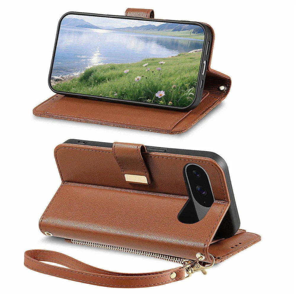 Phone Case For Google Pixel 9 Pro   /  9 Floral Leaf Pattern Multi Card Slots Zipper Leather Phone Cover with Wrist Strap - Brown - 3