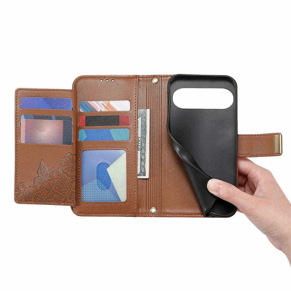 Phone Case For Google Pixel 9 Pro   /  9 Floral Leaf Pattern Multi Card Slots Zipper Leather Phone Cover with Wrist Strap - Brown - 4
