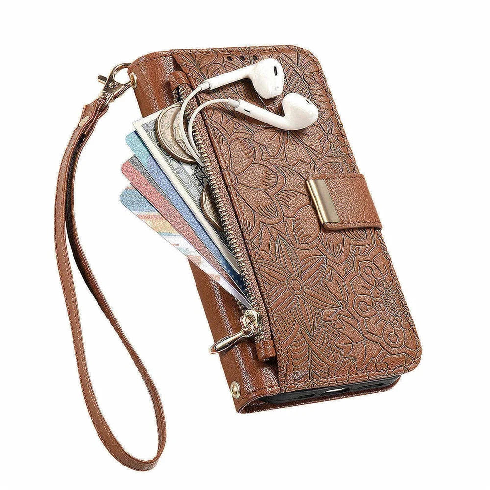 Phone Case For Google Pixel 9 Pro   /  9 Floral Leaf Pattern Multi Card Slots Zipper Leather Phone Cover with Wrist Strap - Brown - 5
