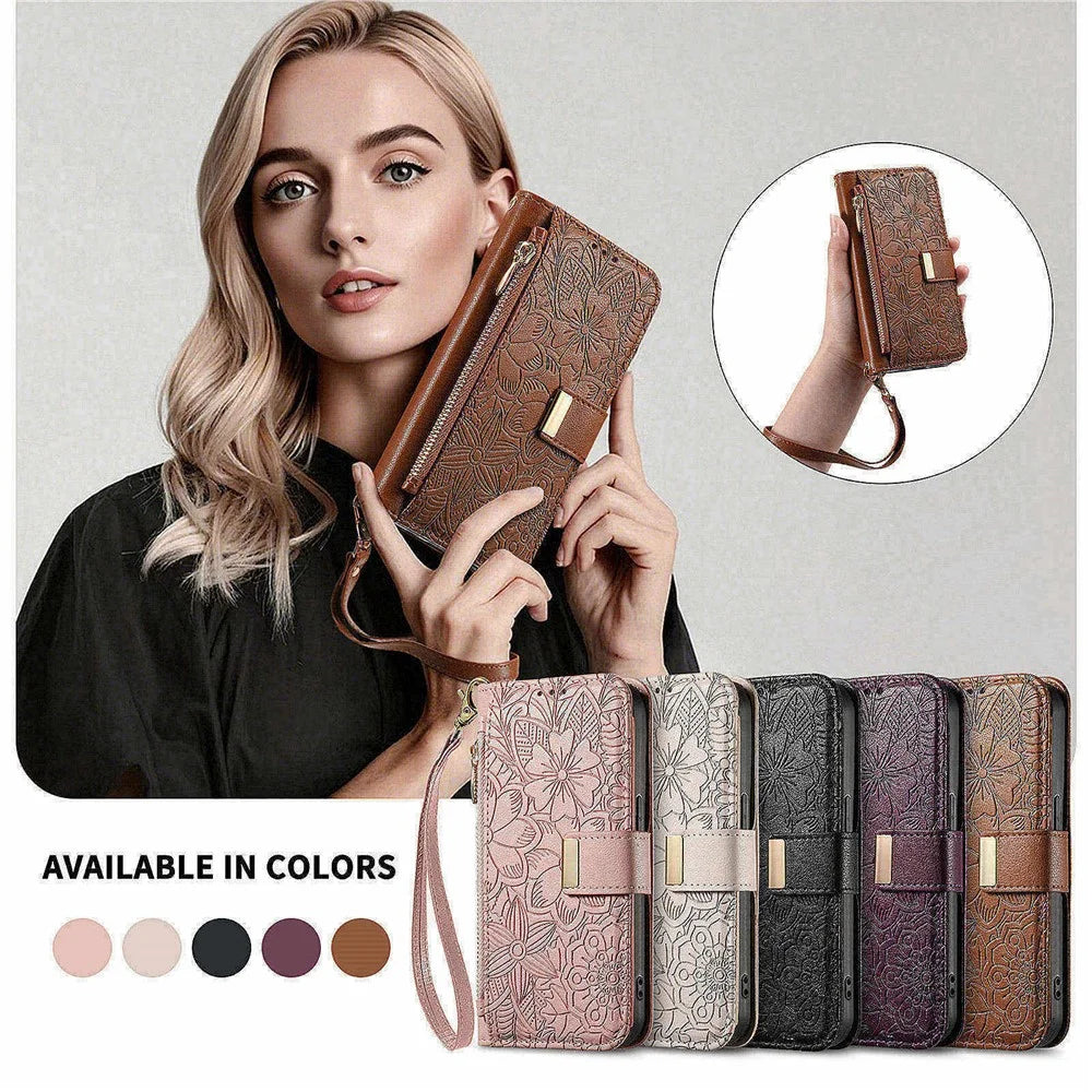 Phone Case For Google Pixel 9 Pro   /  9 Floral Leaf Pattern Multi Card Slots Zipper Leather Phone Cover with Wrist Strap - Brown - 7