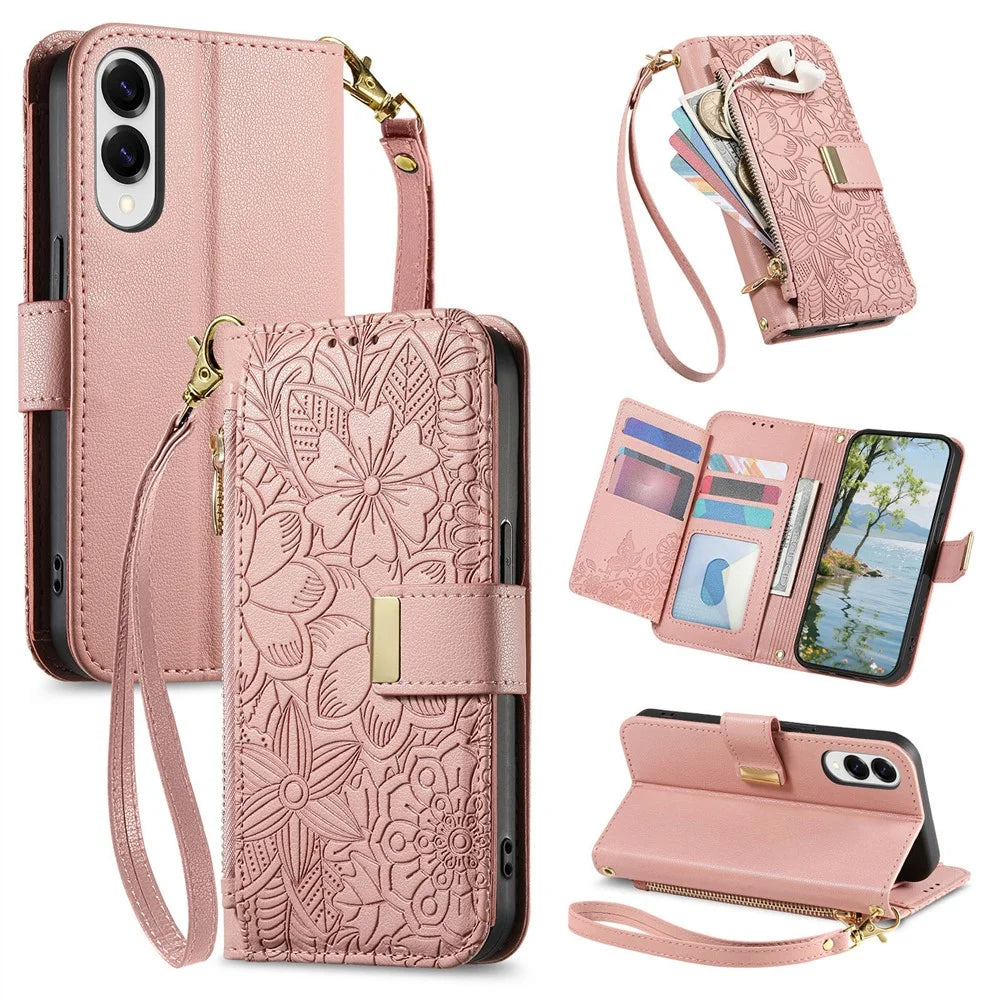 For Samsung Galaxy S25 Edge Case Floral Leaf Pattern Multi Card Slots Zipper Leather Phone Cover with Wrist Strap - Pink - 1