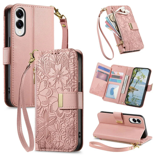 For Samsung Galaxy S25 Edge Case Floral Leaf Pattern Multi Card Slots Zipper Leather Phone Cover with Wrist Strap - Pink - 1