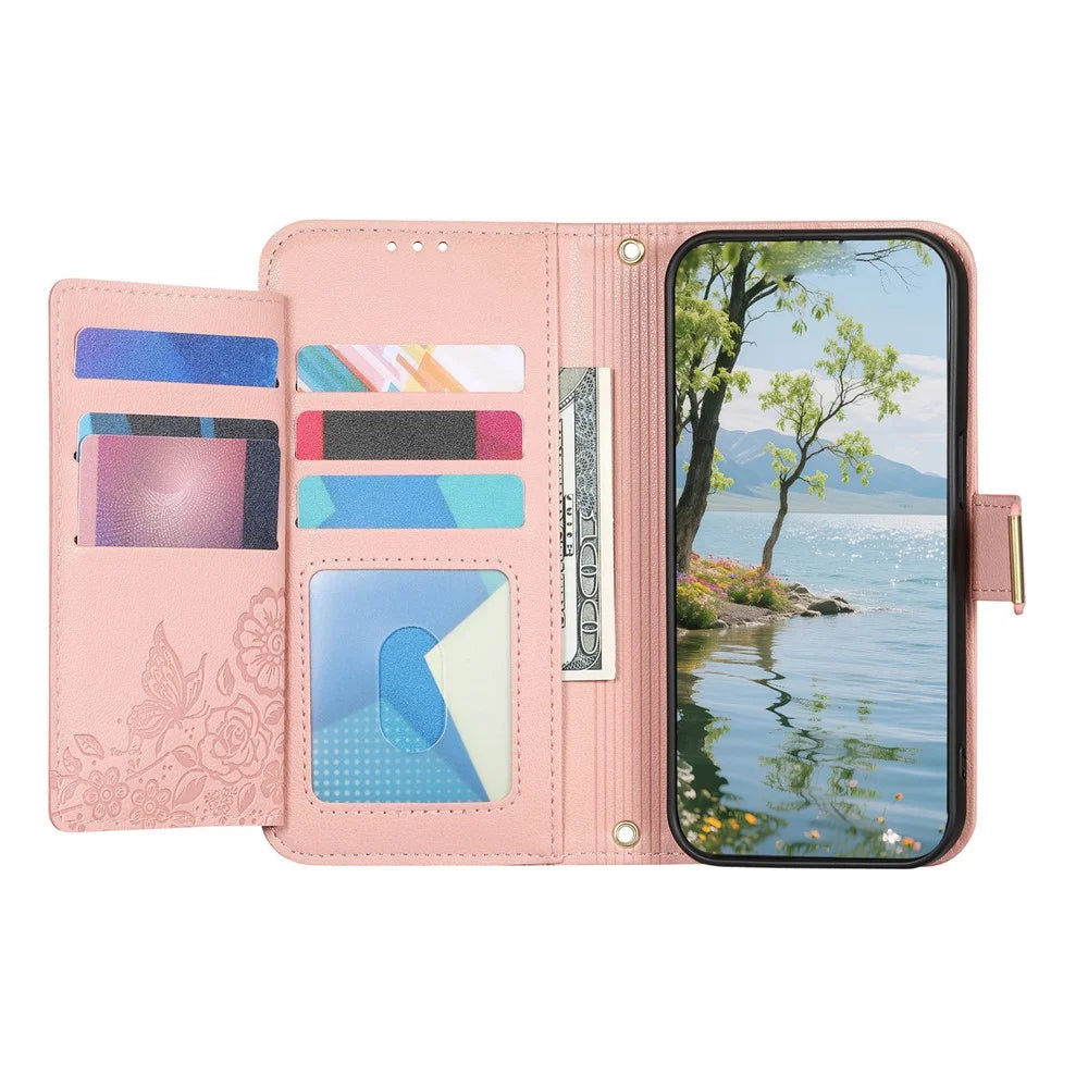 For Samsung Galaxy S25 Edge Case Floral Leaf Pattern Multi Card Slots Zipper Leather Phone Cover with Wrist Strap - Pink - 2