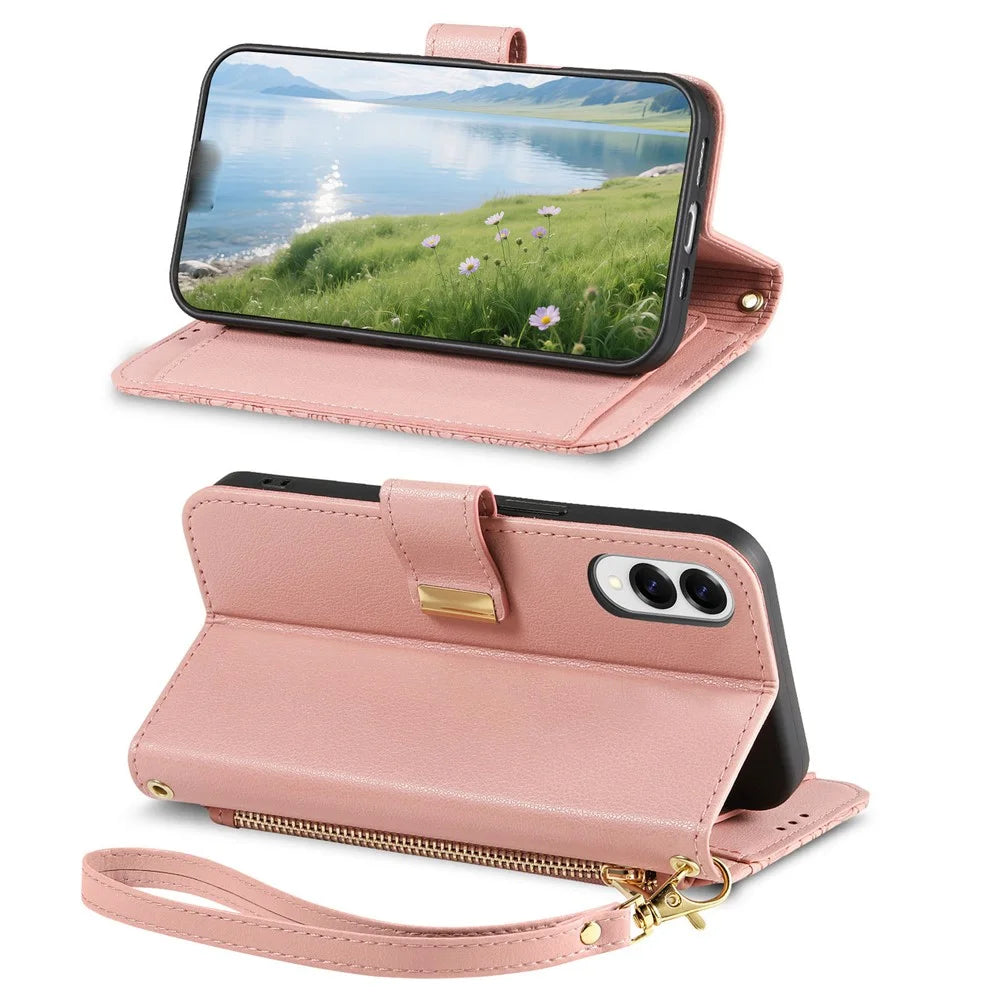For Samsung Galaxy S25 Edge Case Floral Leaf Pattern Multi Card Slots Zipper Leather Phone Cover with Wrist Strap - Pink - 3