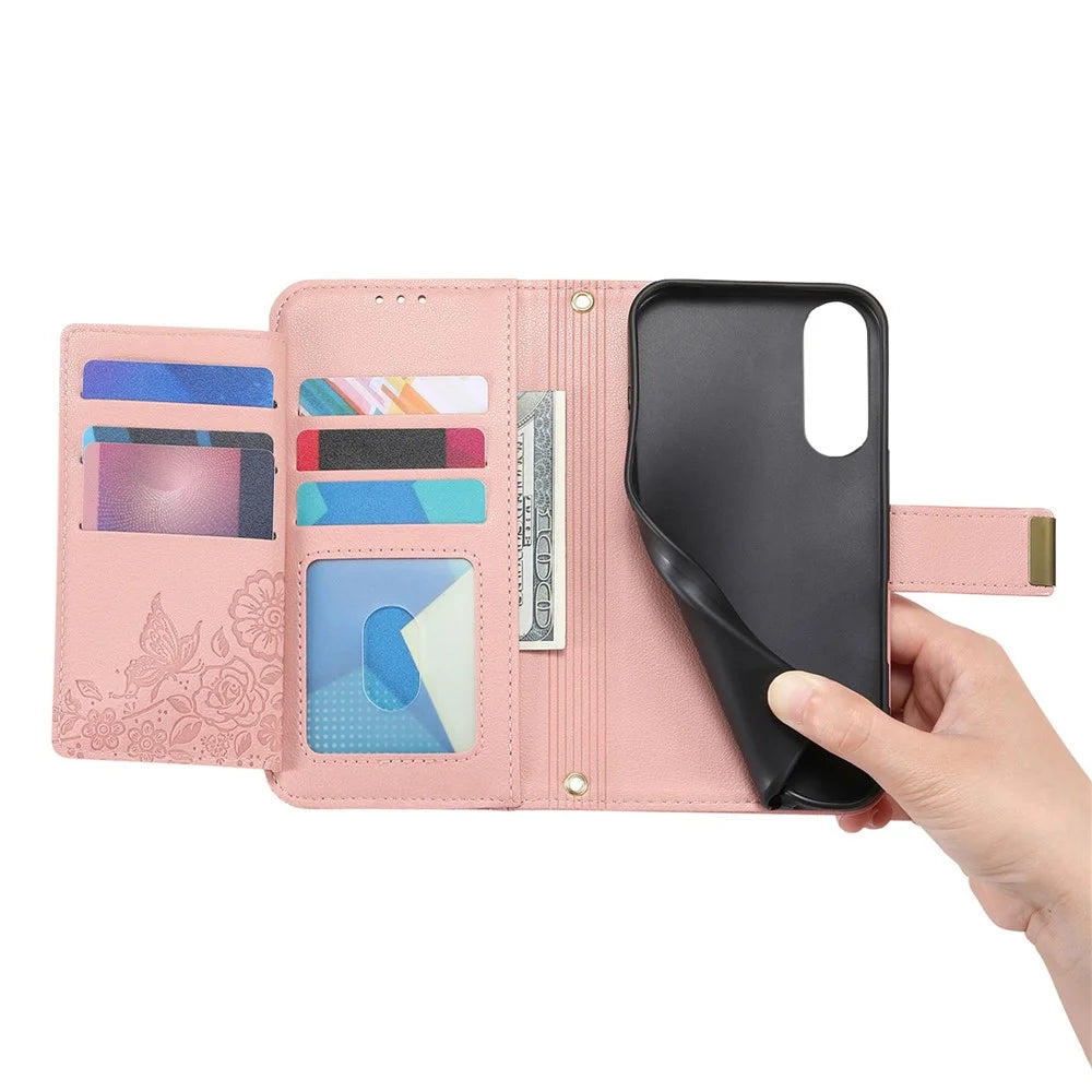 For Samsung Galaxy S25 Edge Case Floral Leaf Pattern Multi Card Slots Zipper Leather Phone Cover with Wrist Strap - Pink - 4