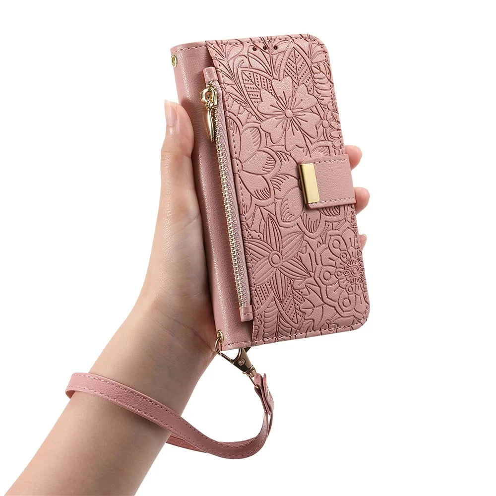 For Samsung Galaxy S25 Edge Case Floral Leaf Pattern Multi Card Slots Zipper Leather Phone Cover with Wrist Strap - Pink - 5